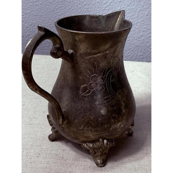 Antique Brass Hand Forged Scallop Leg Floral Etched Pattern Milk Pot Tea Pot Jug - Picture 8 of 9